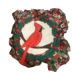Vtg Handmade Holiday Cardinal Pillow 3D Holly Leaves Country Christmas Vintage